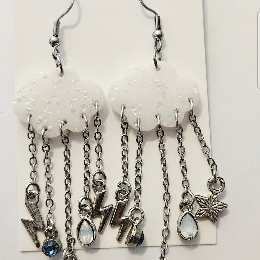 White Glitter Cloud Dangle Earrings with Charms